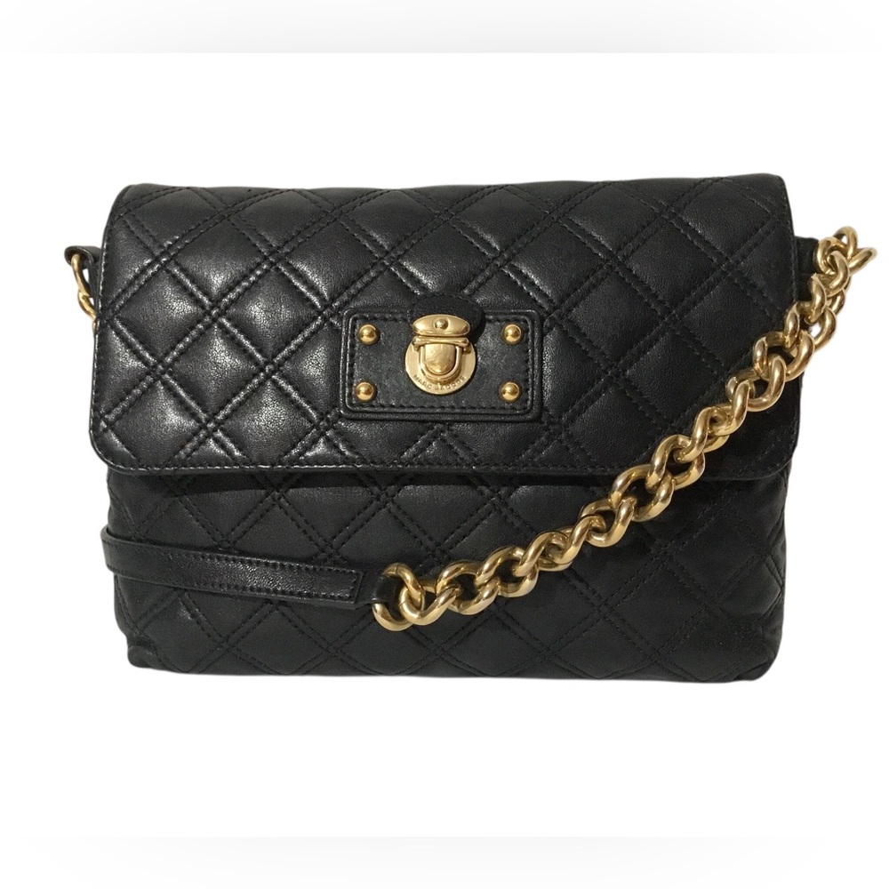 Authentic Marc Jacobs Black Quilted Leather Shoulder Bag with Gold Chain